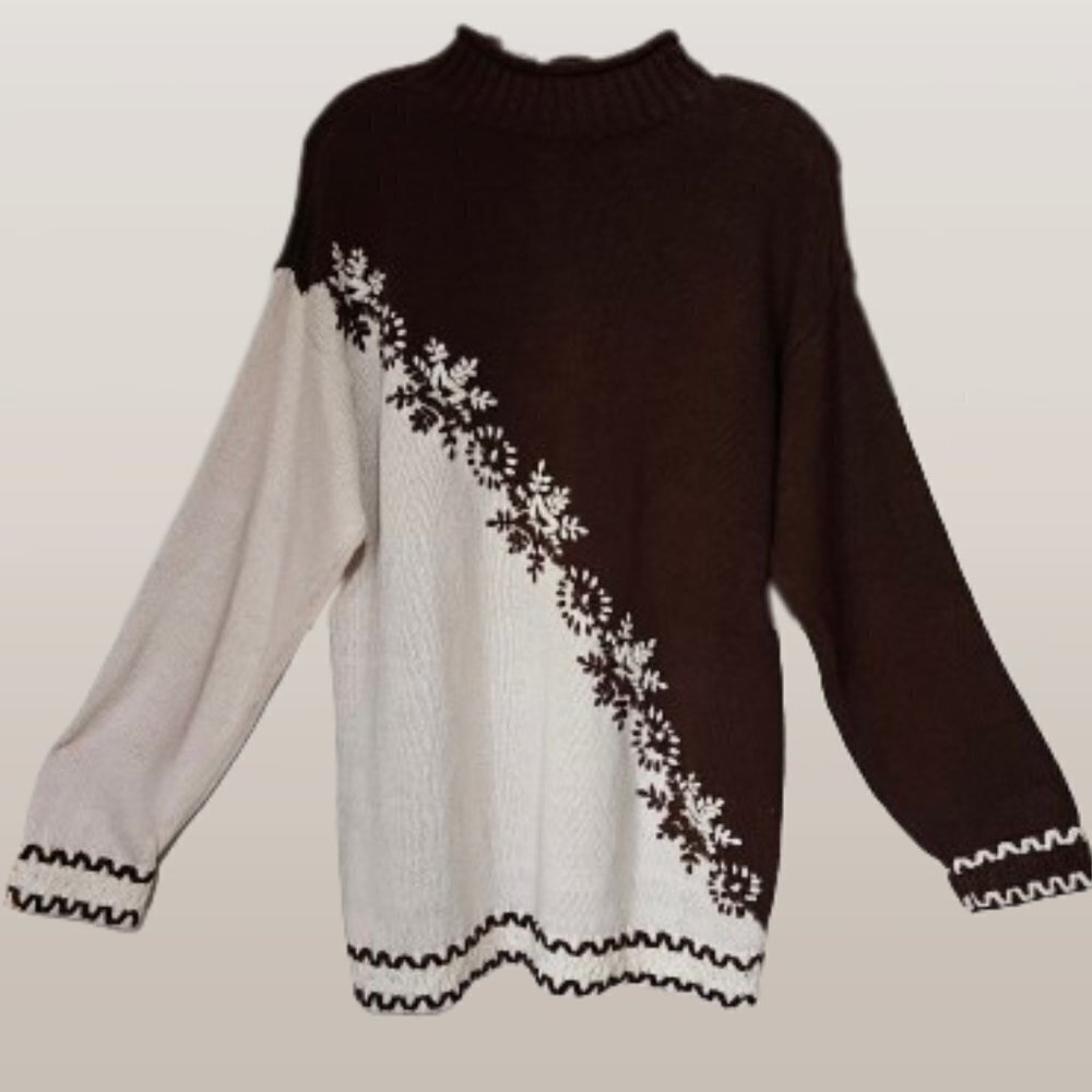 Newport News Pullover Cream/Brown Snowflake Knit Sweater - L